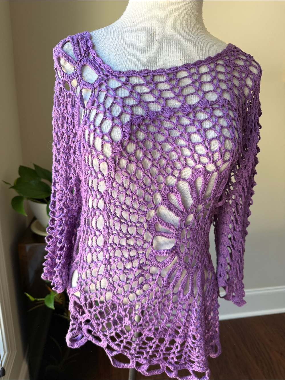 Hand Crafted Lavender Crochet Off-Shoulder Sweater
